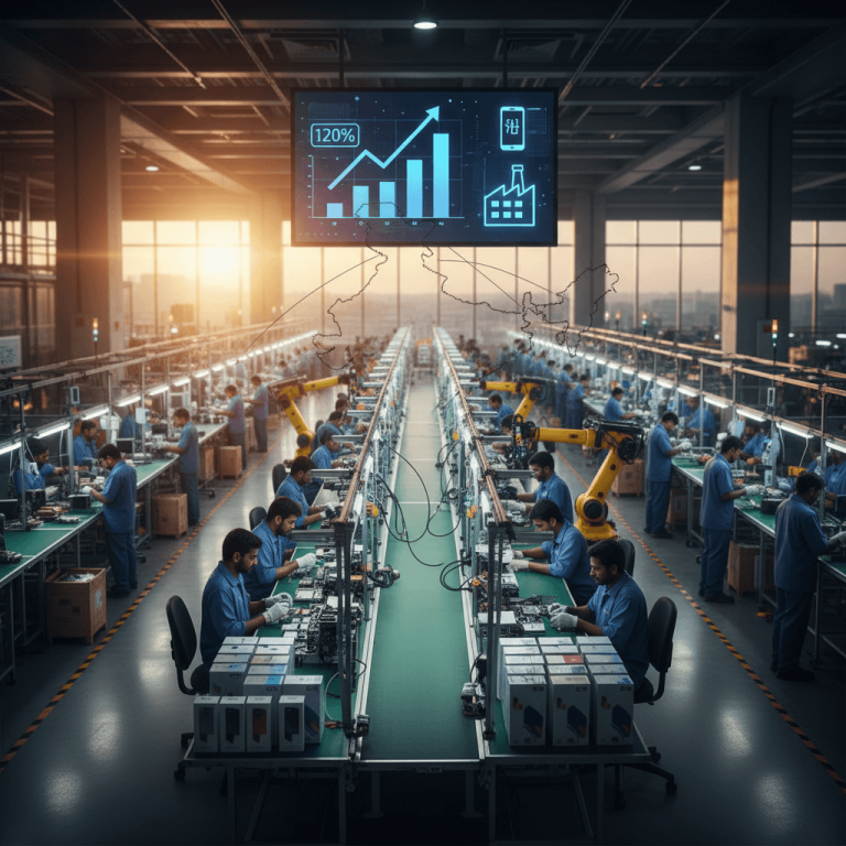An Indian electronics factory with workers assembling smartphones, a growth chart, and an outline of India on a screen.