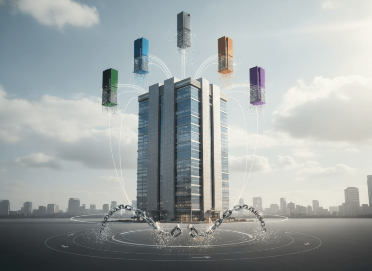 A large corporate building with five smaller, colorful buildings detaching and rising, connected by lines, with broken chains at its base.