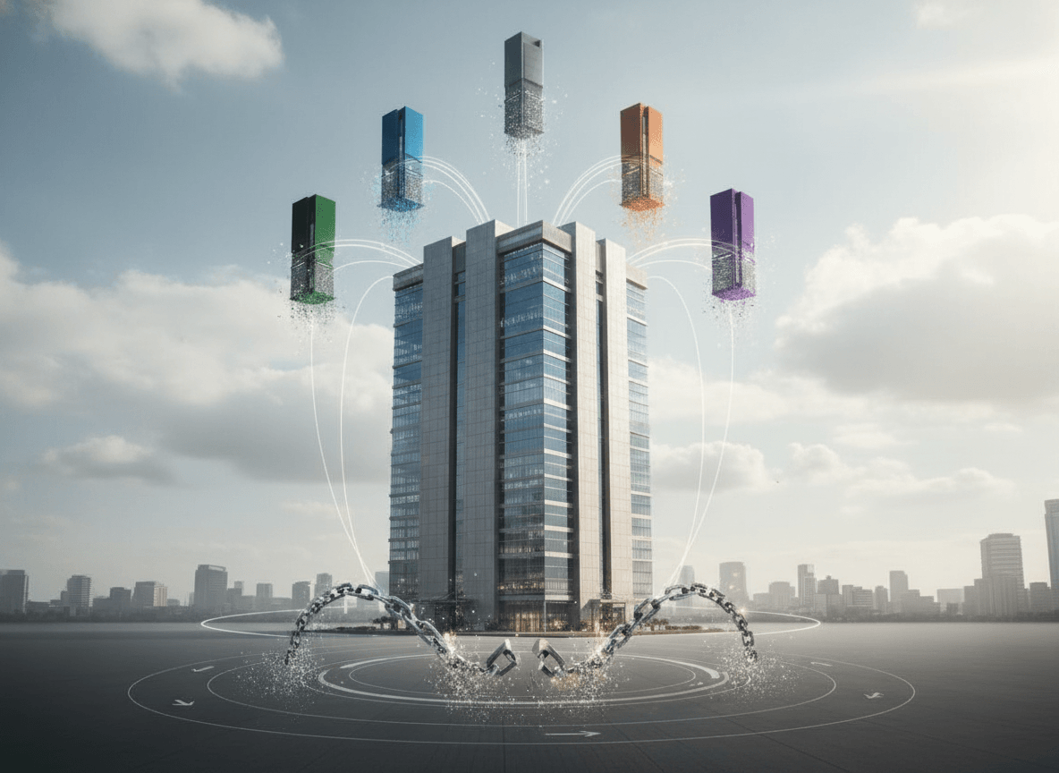 A large corporate building with five smaller, colorful buildings detaching and rising, connected by lines, with broken chains at its base.