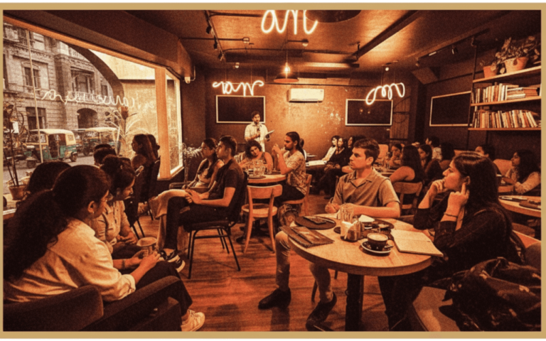 People gathered in a modern, bustling Indian café, engaged in conversations and activities.