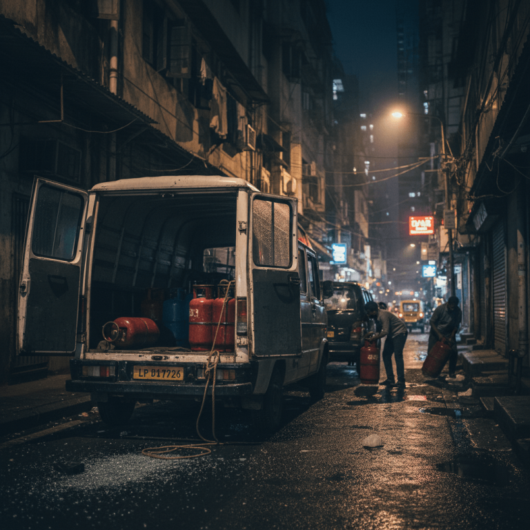 A dimly lit night scene in a narrow Mumbai alley shows two figures stealing LPG cylinders from the back of a delivery van.