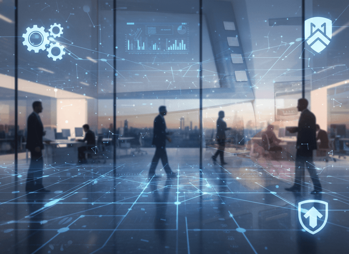 A modern office with silhouetted business people, overlaid with a digital network and data visualization.