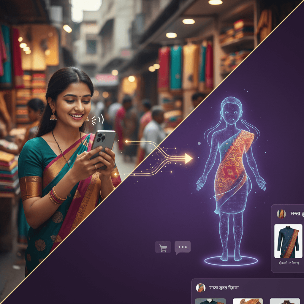 A young Indian woman in a sari smiles while using a smartphone for voice commerce in a busy market.
