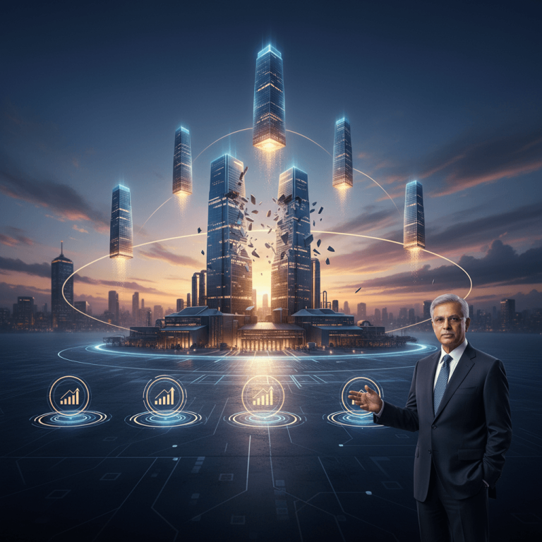 A man in a suit gesturing towards a cityscape where a central building splits into five futuristic towers.