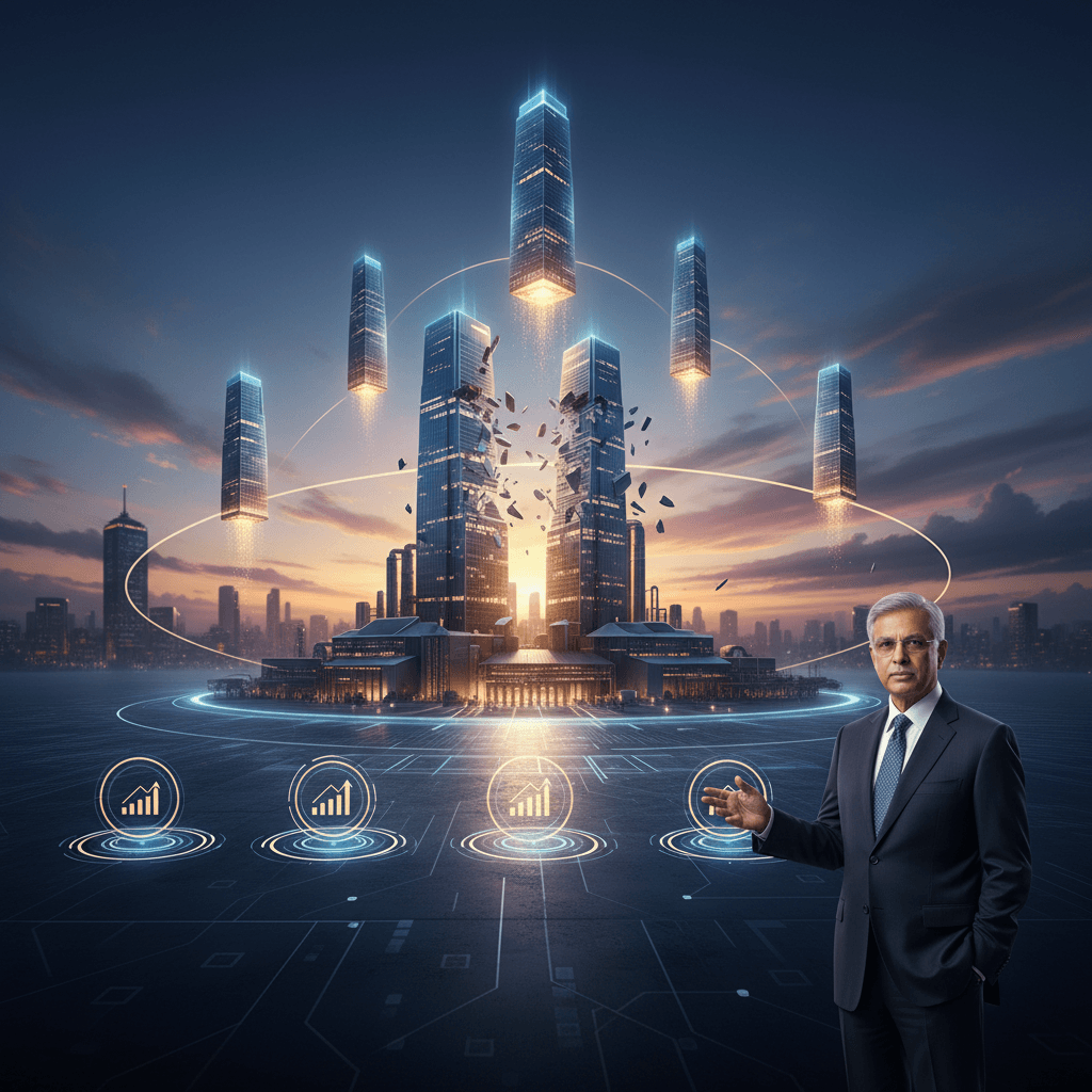 A man in a suit gesturing towards a cityscape where a central building splits into five futuristic towers.