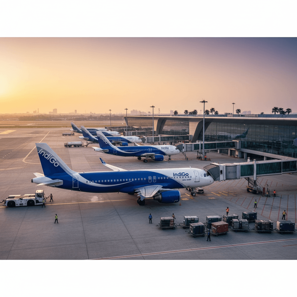 Several IndiGo airplanes parked at a modern airport terminal with ground crew, under a sunset sky.