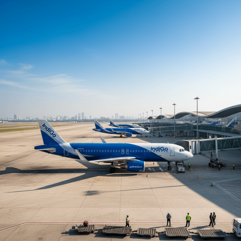 Wide shot of IndiGo airplanes parked at an airport gate with jet bridges, a modern terminal, and city skyline.