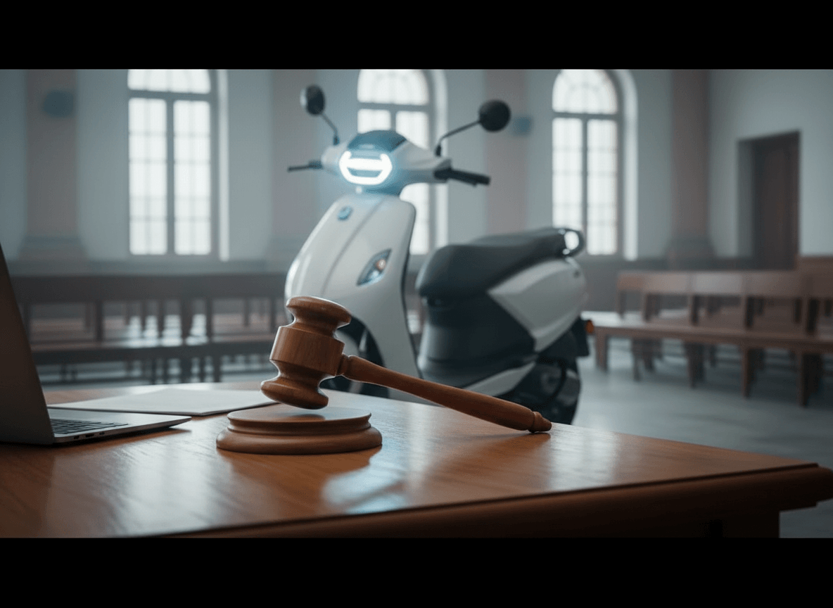 A wooden gavel rests on a courtroom desk with a modern electric scooter blurred in the background, representing legal action.
