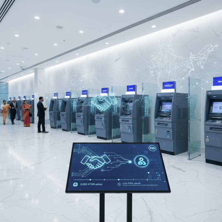 A modern bank interior with multiple ATMs, a digital display showing a handshake, and subtle map outlines of India.