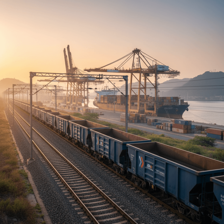A freight train with blue wagons moves alongside a busy port with container ships and cranes at sunrise.