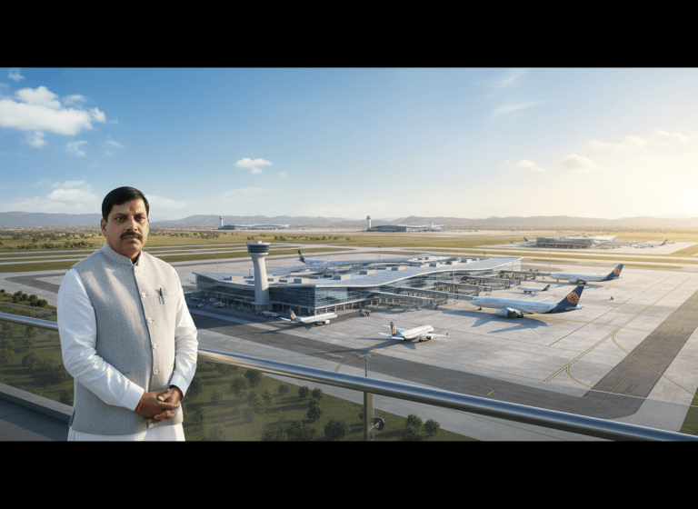 A man in a vest stands on a balcony, looking at a bustling modern airport with planes, terminals, and a control tower.