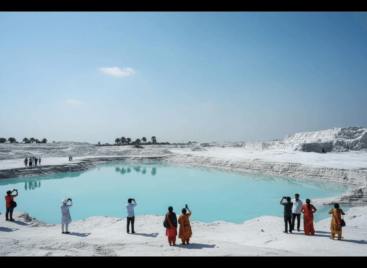Tourists photograph a stunning landscape of white marble waste formations and a vibrant turquoise lake under a clear sky.