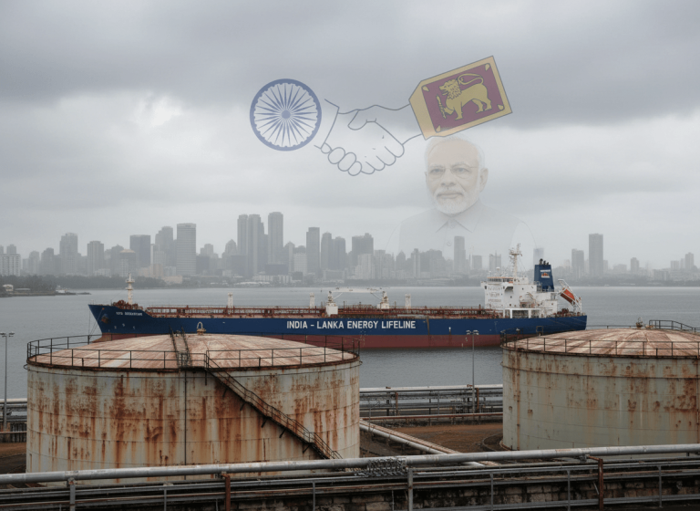 A fuel tanker with "INDIA - LANKA ENERGY LIFELINE" text, oil tanks, a city skyline, and a handshake with national symbols.