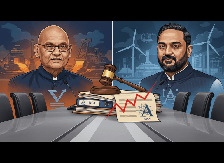 A split image showing Anil Agarwal on the left with mining backdrop and Gautam Adani on the right with renewable energy backdrop, separated by legal documents and a gavel on a boardroom table.