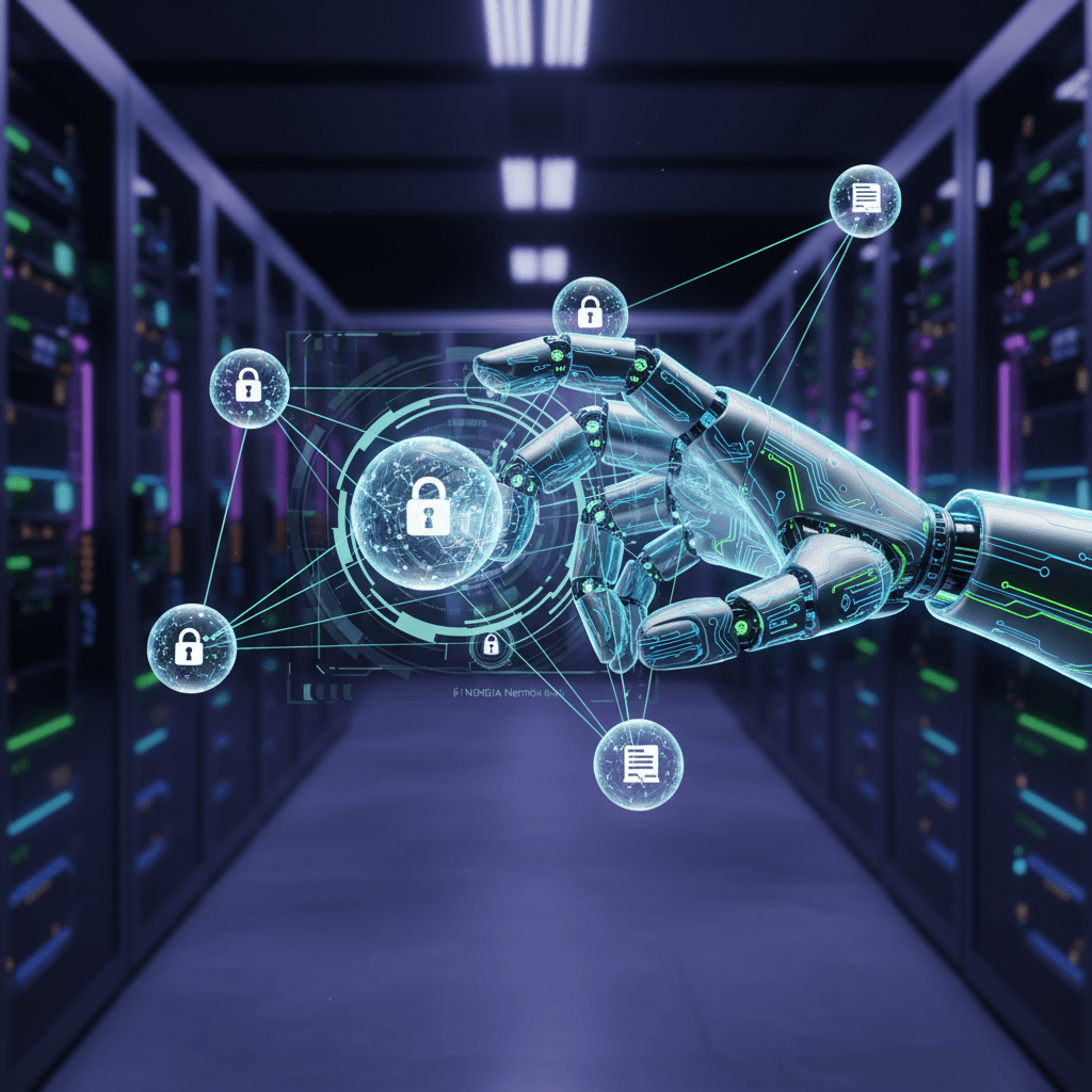 A robotic hand interacts with a holographic interface displaying interconnected security and data icons in a server room.