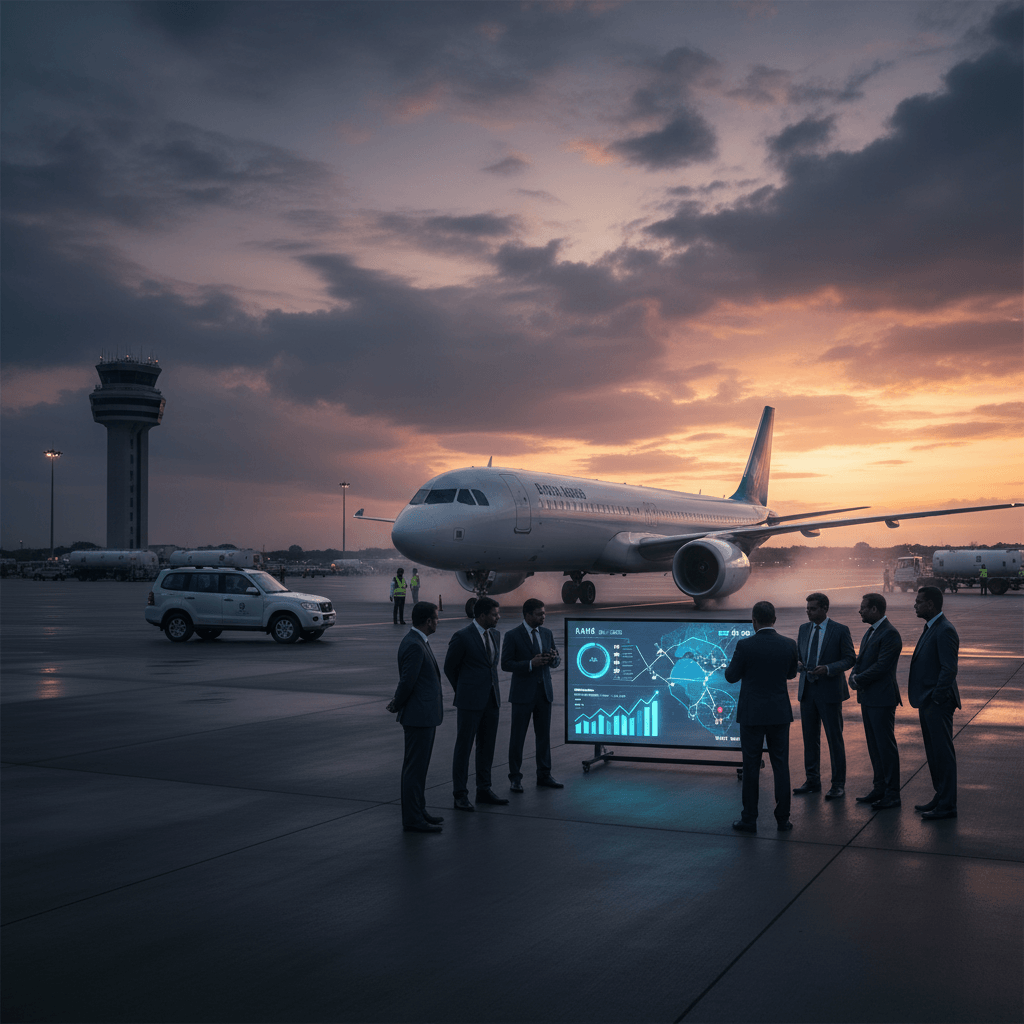 A group of professionals in suits review data on a digital screen beside an airplane at dusk.