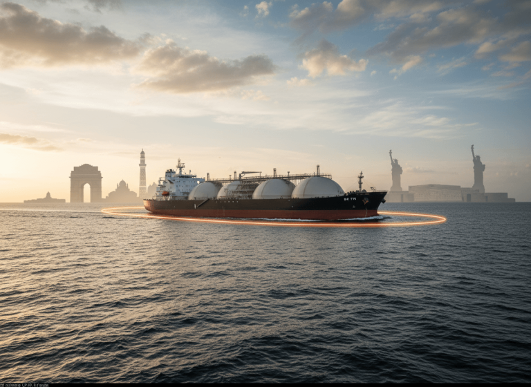 An LPG tanker sailing on water with iconic structures from India, the Middle East, and the US in the background.