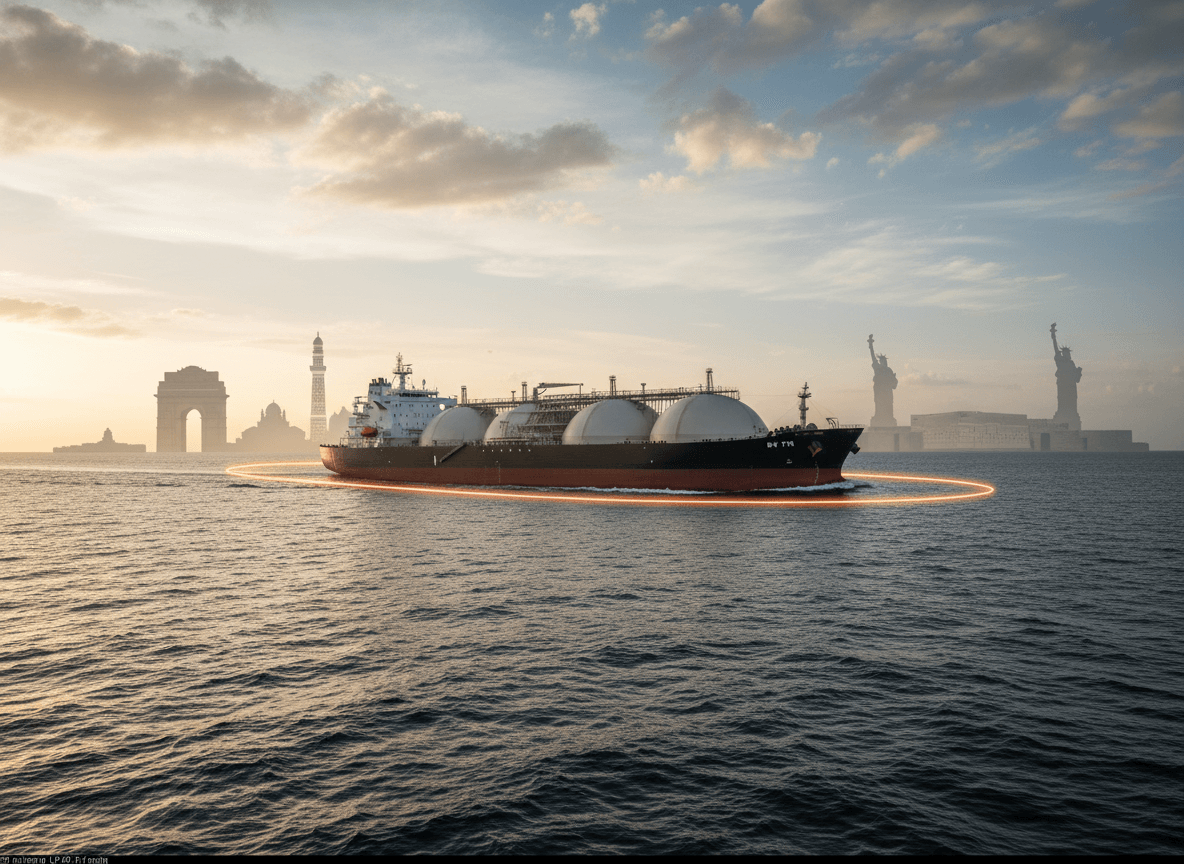 An LPG tanker sailing on water with iconic structures from India, the Middle East, and the US in the background.