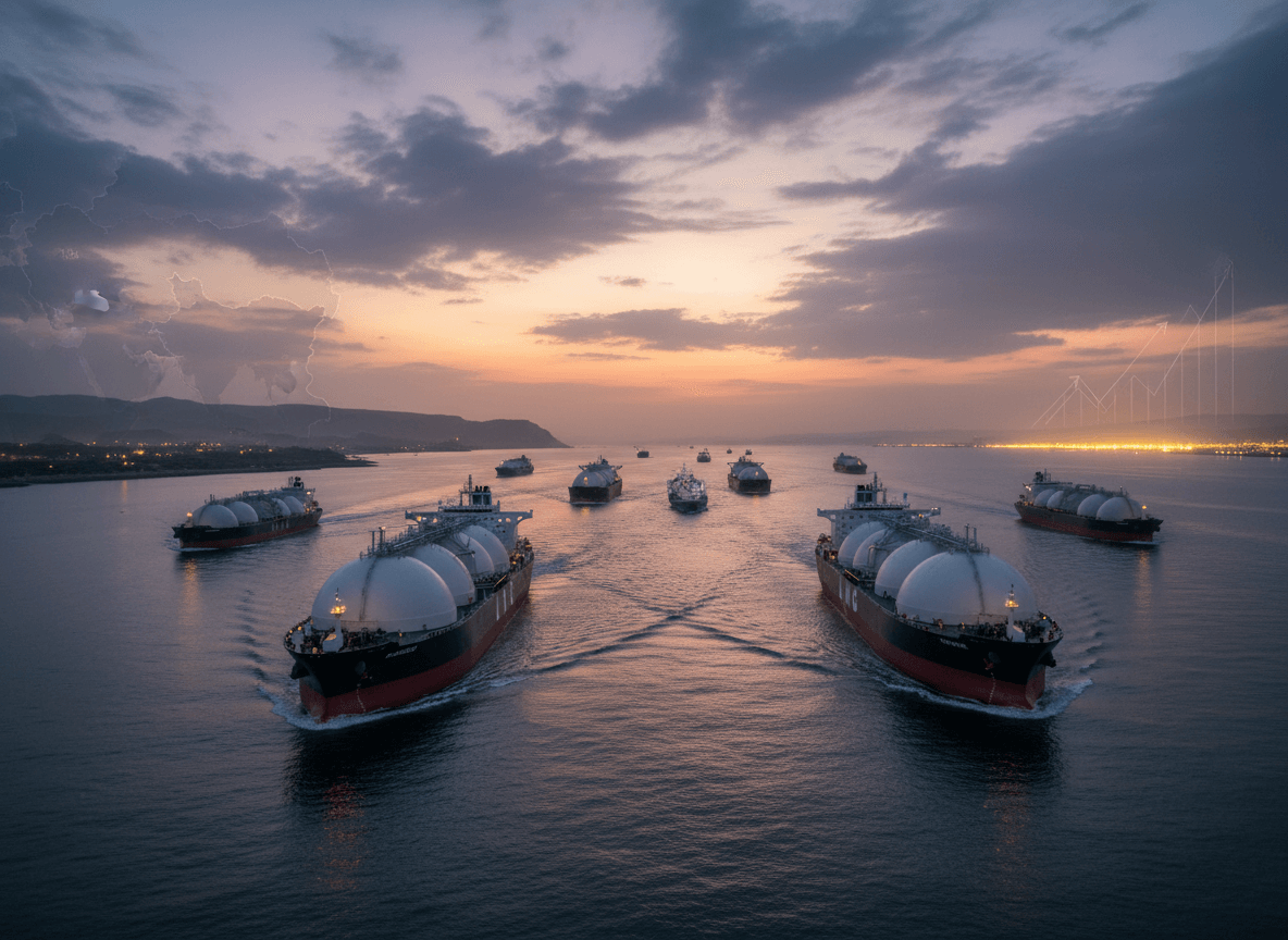 LNG carriers sail at sunset, with a map of the Middle East and a rising graph overlaid on the sky.