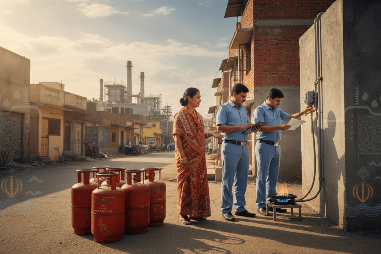 Two Indian government officials with a tablet and documents talk to a woman in a sari, with LPG cylinders and a gas stove.