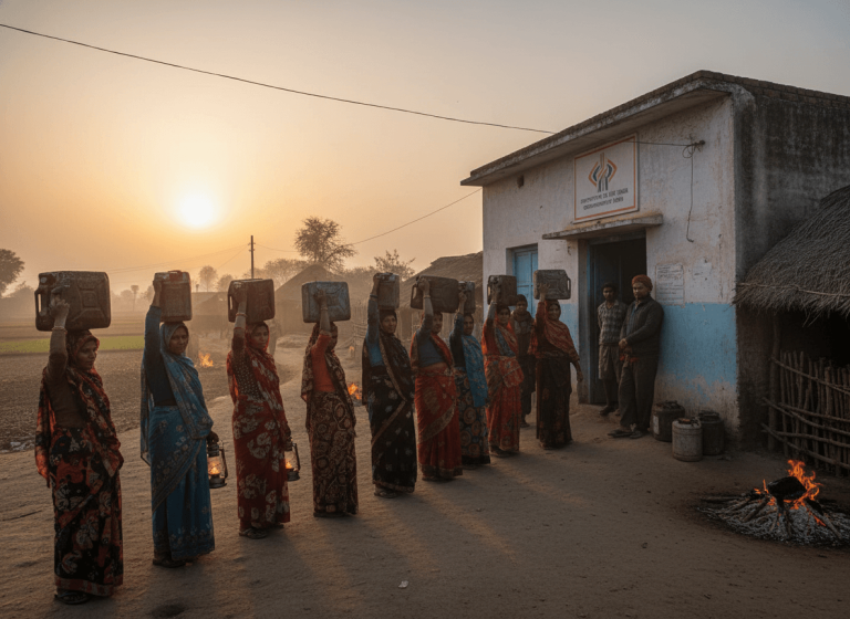 A line of Indian women carrying kerosene cans on their heads, queuing at a distribution center during sunrise.