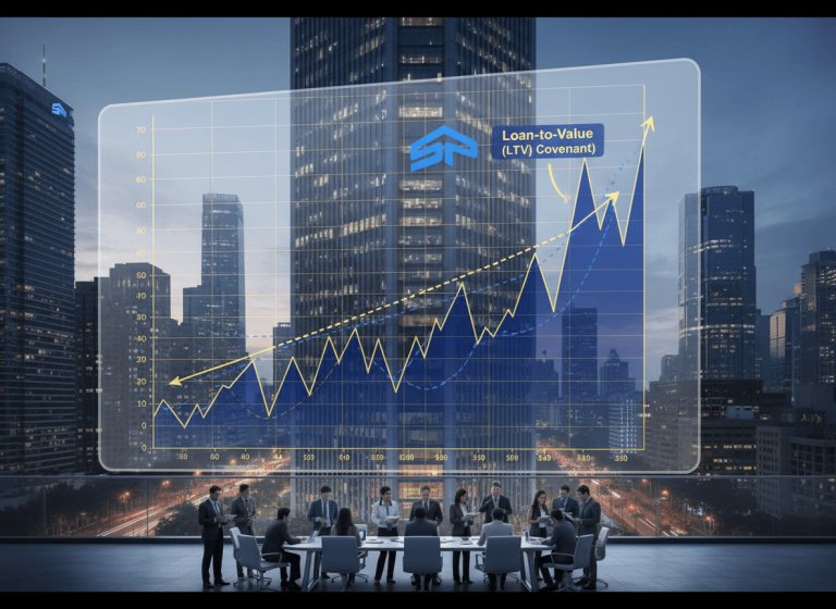 Business professionals in a boardroom overlooking a city skyline, with a transparent financial chart overlay showing an increasing LTV covenant.