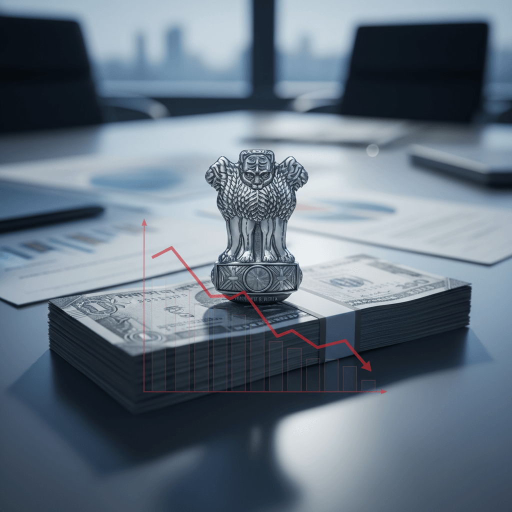 An Indian emblem rests on a stack of US dollar bills, with a red downward trend graph overlaid, symbolizing financial impact.