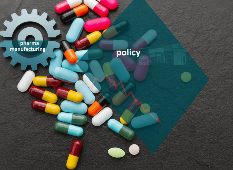Assorted medicine capsules and tablets on a dark surface, with overlaid graphics representing policy and manufacturing.