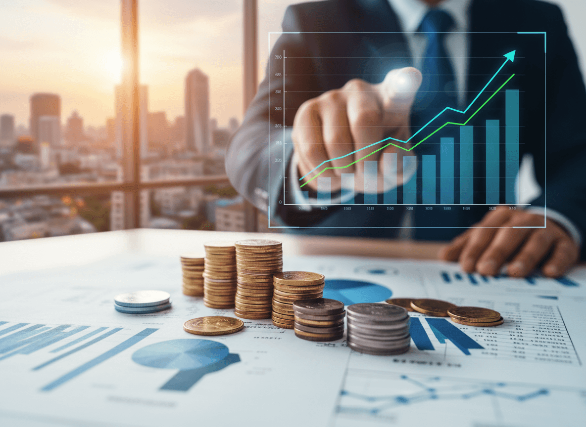 A professional in a suit points to a holographic growth chart with coins and financial documents on a desk, overlooking a city skyline.
