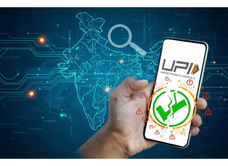 A hand holding a smartphone displaying a broken checkmark icon, with a map of India and digital lines in the background.