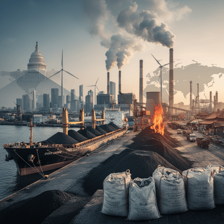 A composite image showing a coal ship, power plants, a city skyline, and a world map overlay, symbolizing energy policy shifts.