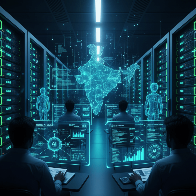 Three men in a server room interact with holographic screens displaying AI interfaces and a glowing map of India.