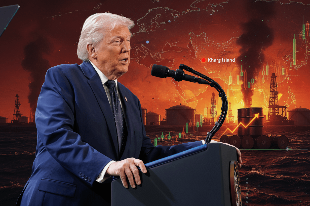 Donald Trump at a podium with a background of Kharg Island oil facilities, a map of the Middle East, and rising stock charts.