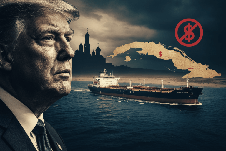 Composite image of Donald Trump, a Russian oil tanker, and a map of Cuba with a dollar sign.
