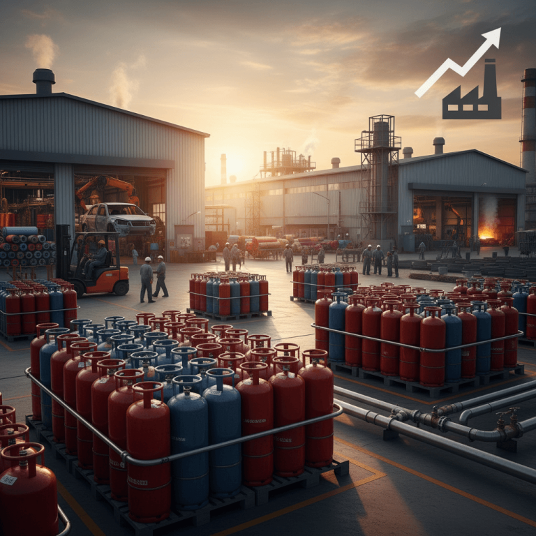 An industrial complex at sunset, with numerous red and blue LPG cylinders and an upward-trending graph over a factory icon.