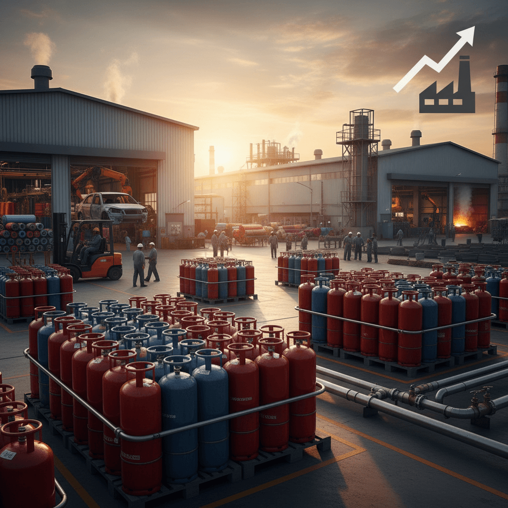 An industrial complex at sunset, with numerous red and blue LPG cylinders and an upward-trending graph over a factory icon.