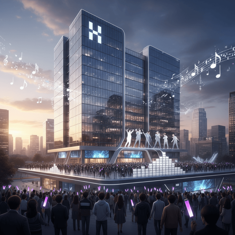 A modern glass skyscraper, representative of Hybe, with a K-pop group performing on a stage and a large crowd.