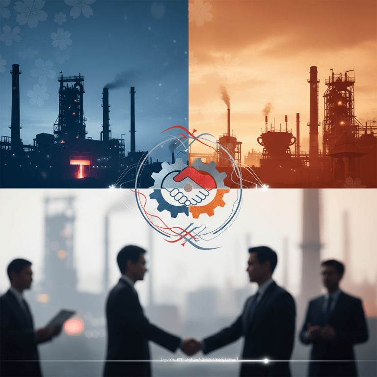 A split image showing industrial landscapes, a handshake icon, and business people, symbolizing the Japan-India steel deal.