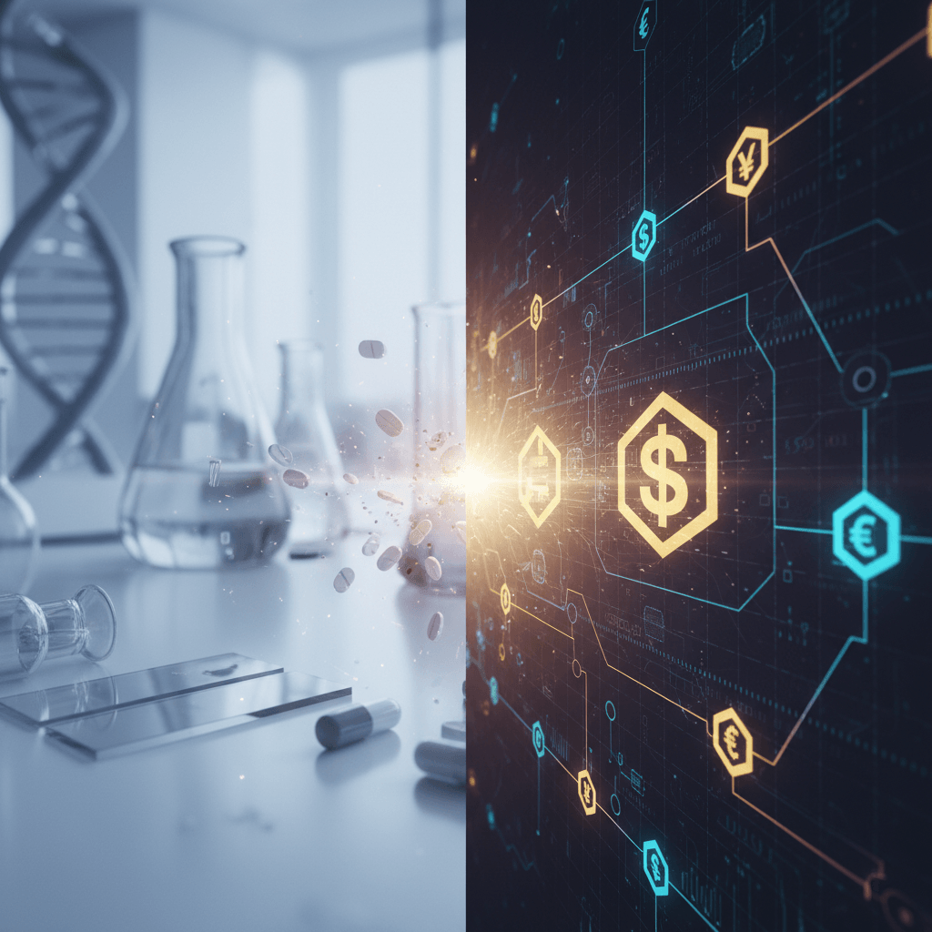 A split image showing a pharmaceutical lab on one side and a digital stablecoin interface on the other.