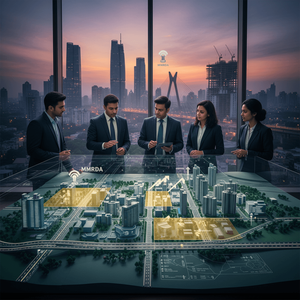 Business professionals review a holographic city model, illustrating Maharashtra's land monetization for urban development.