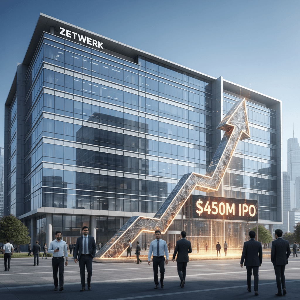 A modern corporate building with an illuminated upward-trending arrow and "$450M IPO" text, signifying growth.