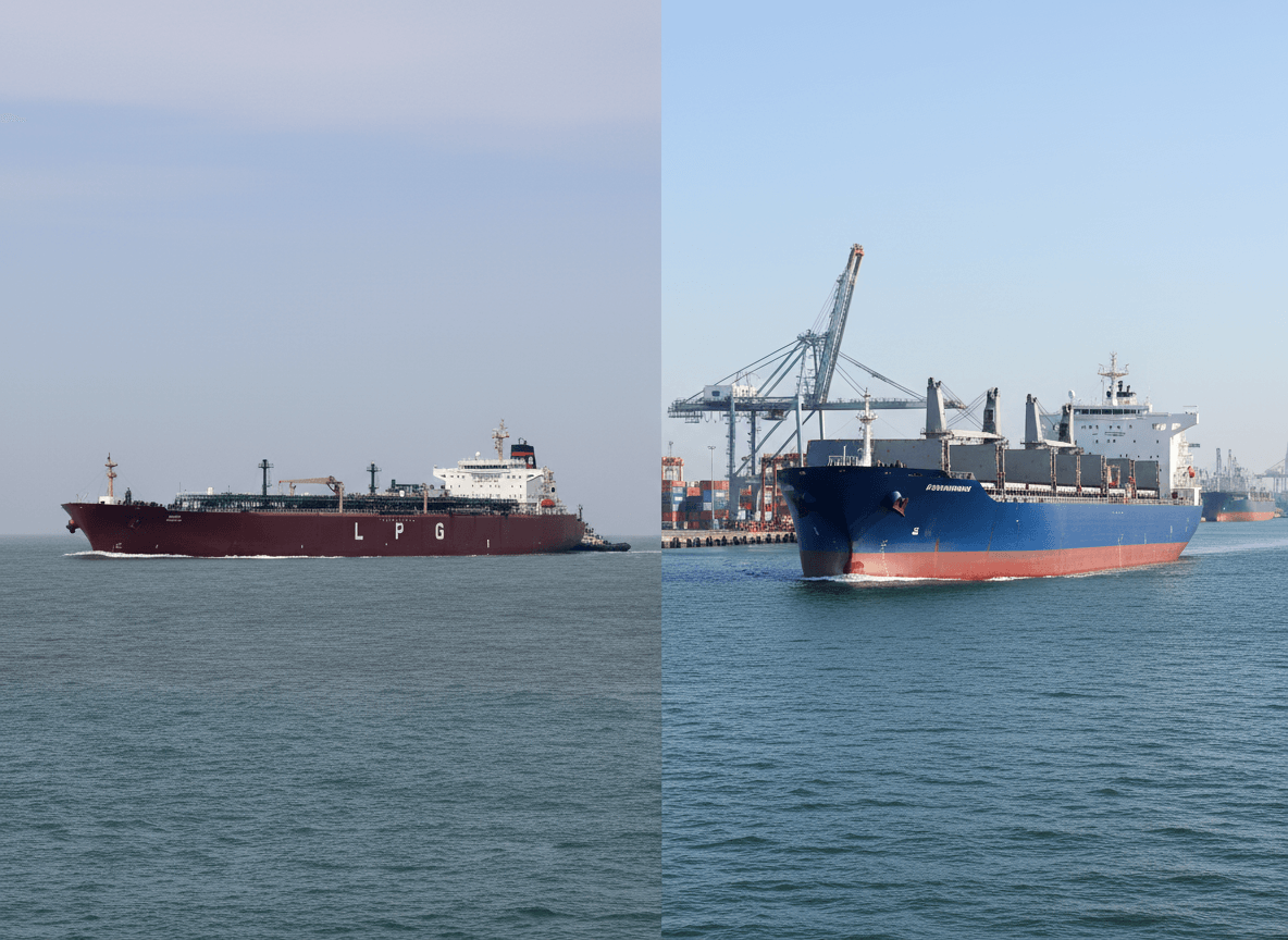 A split image showing an LPG tanker on the left and a dry bulk carrier entering a port on the right, representing fleet changes.