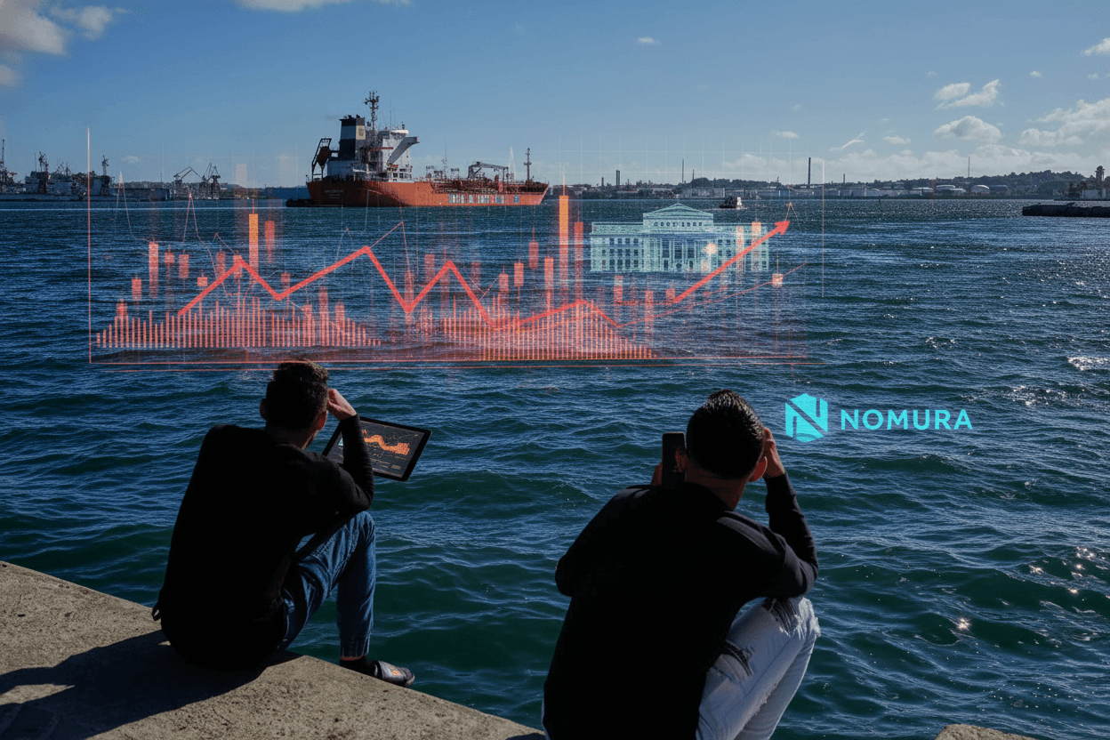 A digital overlay of a red financial loss chart and the Nomura logo over a harbor with oil tankers.