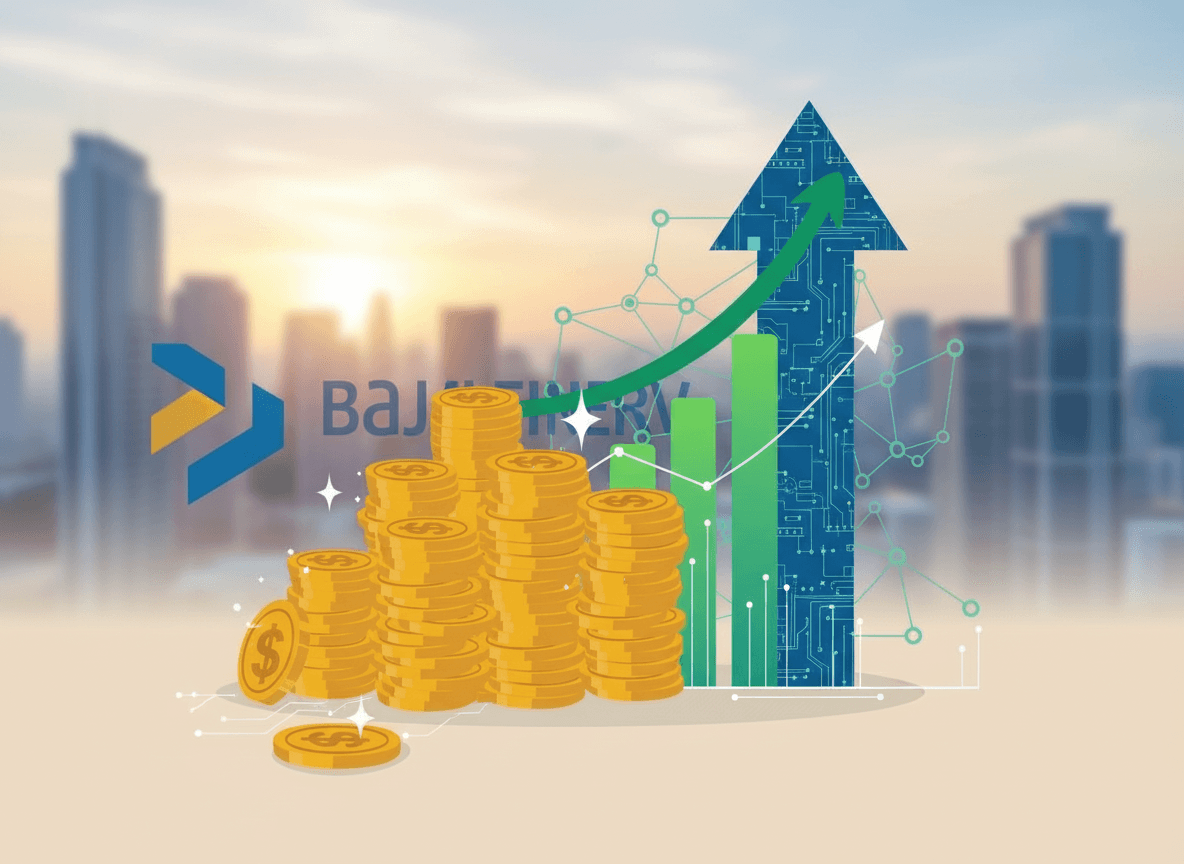 An abstract depiction of financial growth and AI investment with a city skyline at sunset.
