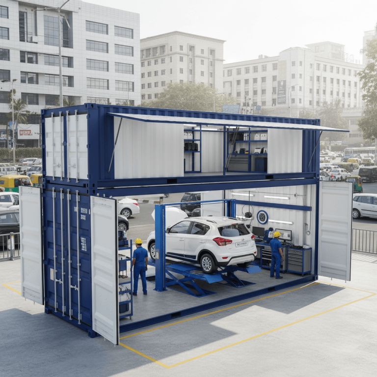 A modern, modular container-based car service unit called 'Quickstop' operating in an urban Indian setting.