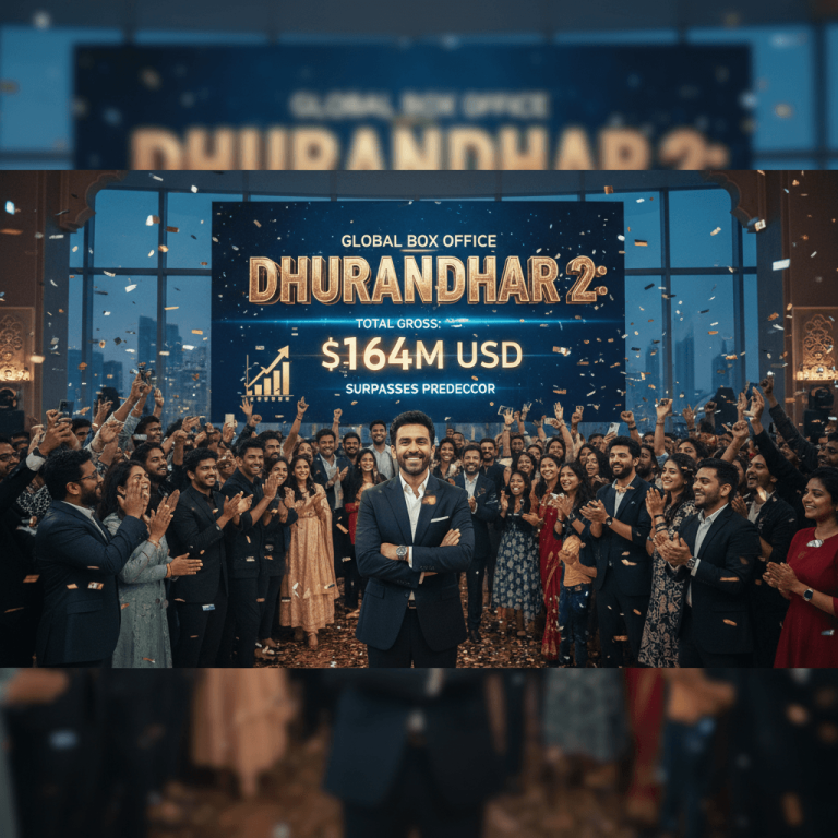Aditya Dhar stands confidently amidst a cheering crowd, celebrating the massive box office success of "Dhurandhar 2".