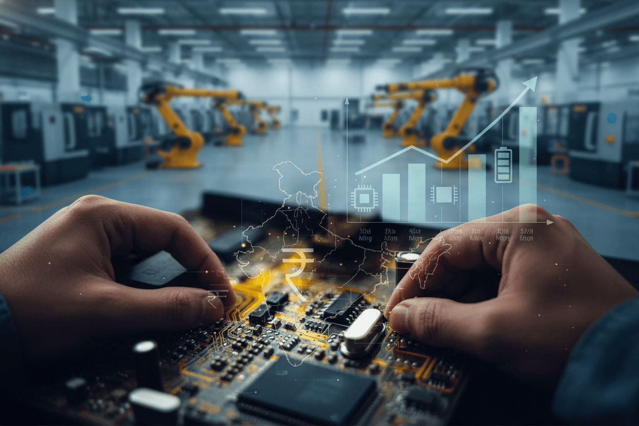 Hands working on a circuit board with holographic projections of India's map, rupee symbol, and growth charts.