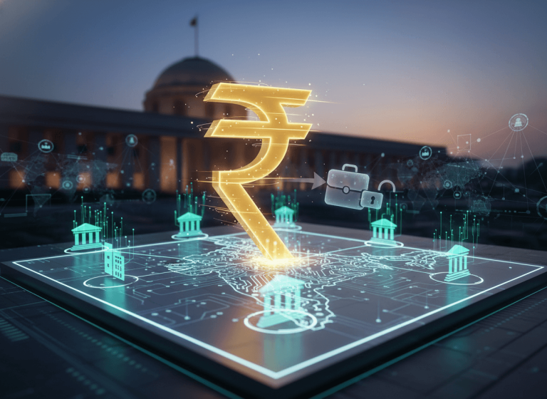 A glowing Indian Rupee symbol over a digital map of India, with bank icons and a secure transfer lock icon.
