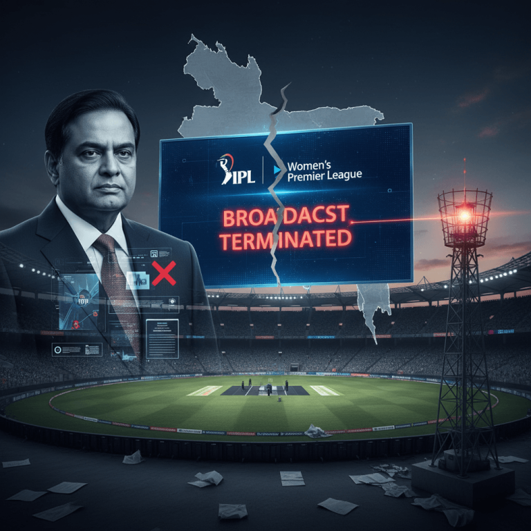 An image symbolizing the termination of the IPL broadcast deal in Bangladesh, featuring a stadium, a broken map, and a businessman.