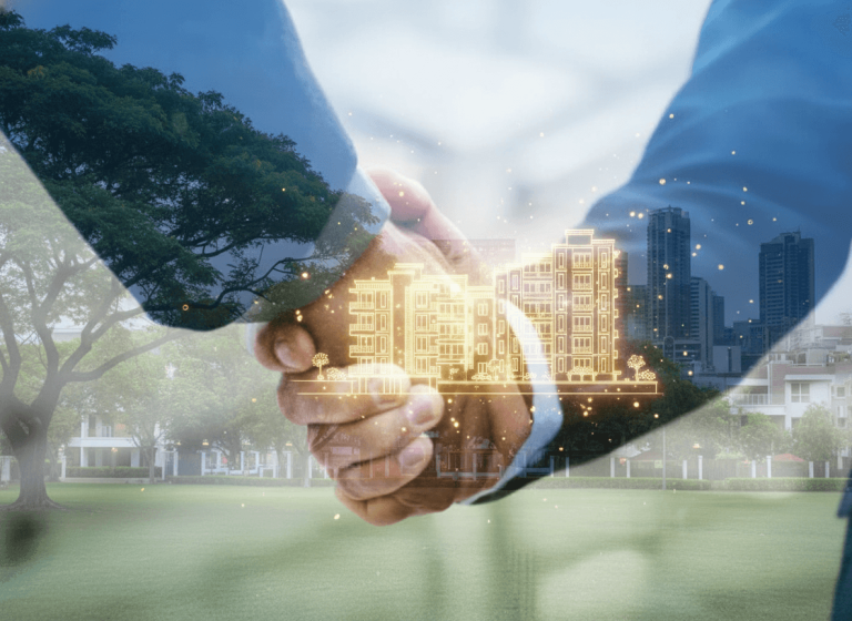 Two business people shaking hands, superimposed over a blend of lush green parkland and glowing golden architectural lines.